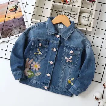Детская джинсовая куртка с вышивкой в виде кролика и цветка, детское пальто для девочек, новинка осени 2023 года, детская одежда