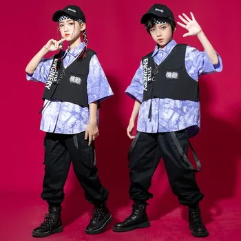 Детская одежда в стиле хип-хоп, фиолетовая краска для галстука, рубашка с коротким рукавом, жилет, уличная одежда, тактические брюки-карго для девочек и мальчиков, костюм для джазовых танцев.