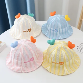 Детская Рыбацкая Шляпа Из сетчатого материала С Милым Сердечком, Солнцезащитные Шляпы Для девочек, Аксессуары для принцессы