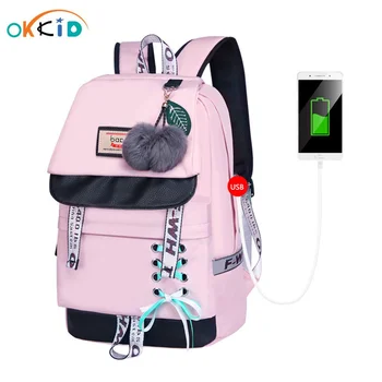 детские школьные сумки для девочек, милый розовый рюкзак, школьный ранец в корейском стиле, меховой шар с бантом, школьный рюкзак для девочек, сумка для книг