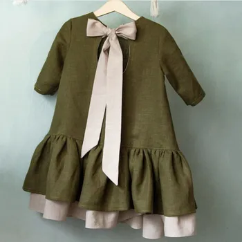 Детское хлопчатобумажное льняное зеленое платье с бантом для девочек, весенне-осеннее платье принцессы, многоуровневые вечерние платья для маленьких детей