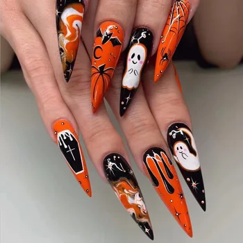 Дизайн ногтей на Хэллоуин с паутиной, призрачные капли крови летучей мыши