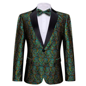 Дизайнерские мужские костюмы, Зеленый Золотой шелковый блейзер с узором Пейсли, комплект с бабочкой, Приталенный Мужской пиджак, пальто, свадебное платье Barry.Wang