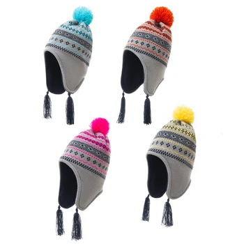 Для младенцев, зимняя шапочка-ушанка с плюшевой подкладкой, геометрические полосы, вязаные кисточки, утепляющая теплая лыжная шапочка-бини