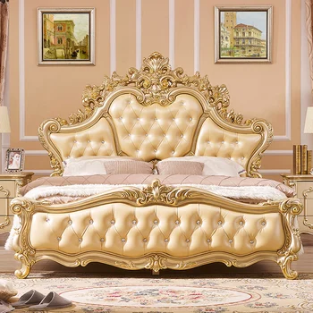 Европейская кровать Двуспальная кровать в главной спальне кровать 1,8 м Кожаная кровать принцессы из массива дерева Вилла люкс роскошная французская кровать размера 