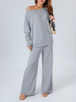 Женская вязаная одежда из 2 предметов, подходящие комплекты для отдыха, топы с пуловерами с длинными рукавами, комплект широких брюк, осенние повседневные комплекты свитеров