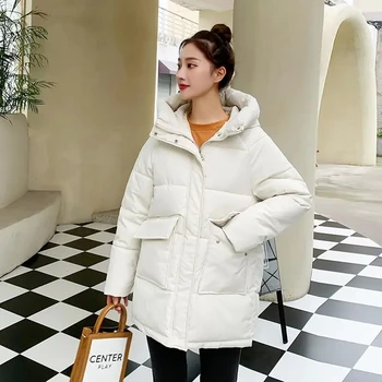 Женская куртка, зимнее теплое пальто с хлопковой подкладкой, модная парка с капюшоном с длинным карманом 2023, Южная Корея, свободная женская одежда