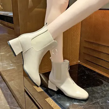 Женская обувь 2023 года; Высококачественные Зимние Женские ботинки до середины икры; Однотонные ботинки с квадратным носком на молнии И массивном каблуке; Zapatillas De Mujer