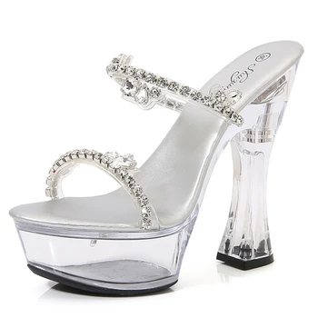 Женская обувь на толстом каблуке для подиума обувь для танцев на шесте кристалл Толстый каблук горный хрусталь для ночного клуба высокие каблуки