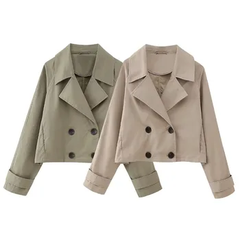 Женская осенняя новинка 2023 года, модный тренч, короткая куртка на пуговицах, пальто, винтажный шикарный топ с карманом и отворотом с длинным рукавом