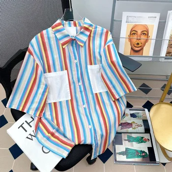 Женская рубашка с коротким рукавом EBAIHUI, новая мода, разноцветные полоски, женская блузка, летние блузки свободного дизайна с карманами, повседневные топы