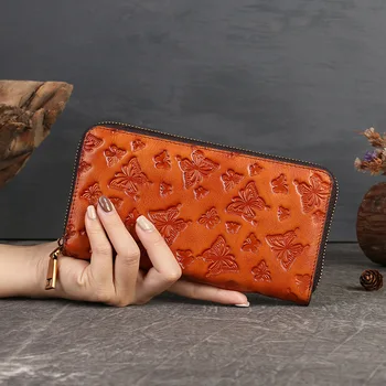 Женская сумка-кошелек из кожи 2023 года выпуска, новый винтажный кошелек с тиснением в виде бабочки, длинный кошелек Zero