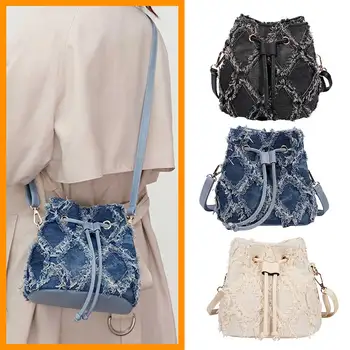 Женская сумка через плечо с кисточками, джинсовая мини-сумочка через плечо, однотонная сумка на шнурке, ромбовидная решетка, повседневная уличная сумка