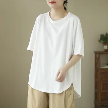 Женская футболка с круглым вырезом и коротким рукавом, черно-белая хлопковая однотонная рубашка, свободная футболка, женская одежда больших размеров, пухлая