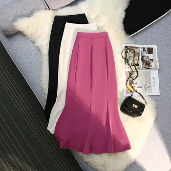 Женская юбка трапециевидной формы с высокой талией и рыбьим хвостом, летняя шикарная мода, пригородный стиль, однотонная женская приталенная юбка-русалка средней длины