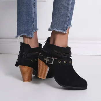 Женские ботинки, модная повседневная женская обувь, модные ботинки с пряжкой, замшевые кожаные ботинки с пряжкой, зимние ботинки на высоком каблуке с застежкой-молнией