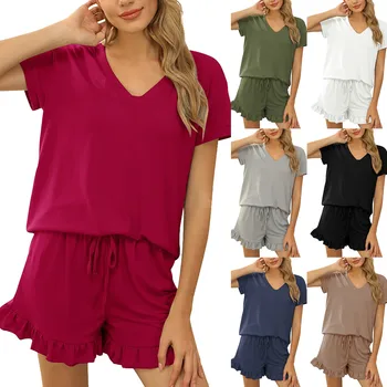 Женские весенне-летние однотонные повседневные шорты с завязками, пижама с коротким рукавом, женские шорты, домашний комплект