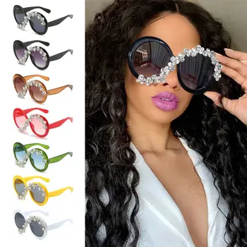 Женские круглые солнцезащитные очки большого размера, декорированные стразами, оттенки Y2K, защита от UV400, Эстетичный Асимметричный дизайн, Солнцезащитные очки