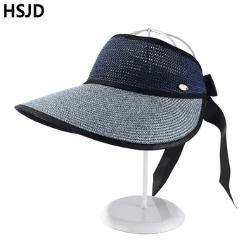 Женские летние солнцезащитные шляпы с большими широкими полями, складывающиеся с пустым верхом, Регулируемый бант, Пляжная солнцезащитная соломенная шляпа, солнцезащитная кепка с гибким козырьком