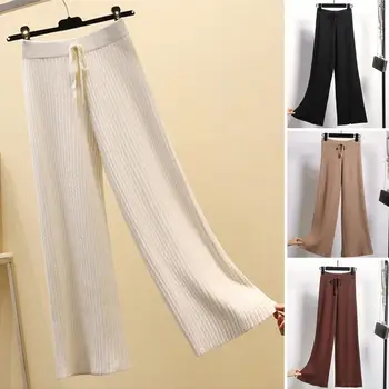 Женские осенне-зимние эластичные драповые брюки с высокой талией, прямые широкие брюки в рубчик на завязках, однотонные мешковатые брюки уличной формы
