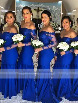 Женские платья подружек невесты цвета русалки королевского синего с длинными рукавами для африканских девушек, элегантное атласное платье для свадебной вечеринки
