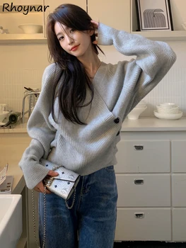 Женские свитера-пуловеры с V-образным вырезом, Элегантная корейская мода, Нежный нерегулярный винтажный трикотаж, Дизайнерский Женский стиль, минималистичный повседневный