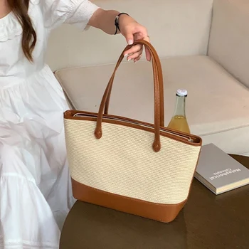 Женские сумки из соломенной ткани, сшитые из кожи, повседневная сумка через плечо большой емкости, роскошные простые сумки и портмоне для путешествий в стиле ретро