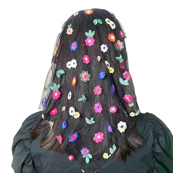 Женский кружевной головной платок, шаль, вышивка, Бабочка, Стрекоза, Цветок, перо, Хиджаб, Шарф для волос с повязкой на голову, католическая Мантилья, Вуаль