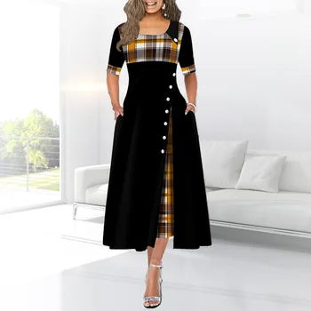 Женское винтажное черное расклешенное элегантное платье в стиле пэчворк с коротким рукавом, весенне-осенние платья оверсайз, свободные повседневные платья 50-х 60-х годов
