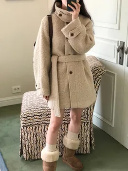 Женское зимнее Шерстяное пальто из овчины, куртка с поясом и воротником-стойкой, Толстое Шерстяное пальто, теплая верхняя одежда 2023 года выпуска