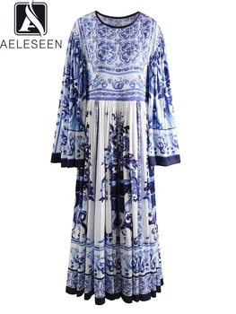 Женское платье AELESEEN из Сицилийского Фарфора с расклешенными рукавами, Модный Синий цветочный принт, Элегантный шифоновый шифон для вечеринок и праздников.