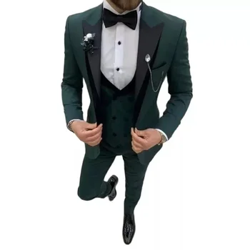 Зеленые Мужские костюмы, Комплект из 3 предметов, Официальные Свадебные Смокинги Для Жениха, Блейзер Классического кроя, одежда для женихов, платье для выпускного вечера (Куртка + Жилет + брюки)