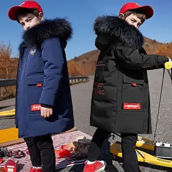 Зимняя детская куртка, однотонный Длинный фасон, сохраняющий тепло и защиту от холода, пуховые хлопковые ветровки с капюшоном для 4-14 лет