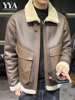 Зимняя Мужская куртка с толстой теплой меховой подкладкой, Мото-байкерское пальто из искусственной кожи, С карманами, Приталенное Повседневное Рабочее пальто, Плюс размер 5XL