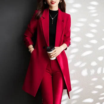 Зимняя новая рабочая одежда для ежегодного собрания средней длины, повседневный костюм, пальто с хлопковой подкладкой, утолщенный тренч винно-красного цвета, женский