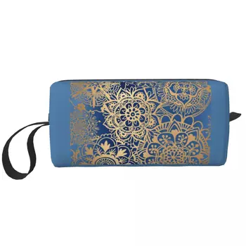 Изготовленная на заказ сумка для туалетных принадлежностей в виде мандалы из синего золота для женщин, органайзер для косметики с цветами буддизма, Женская коробка для хранения косметики Dopp Kit Box