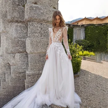 Изысканное свадебное платье с иллюзионной аппликацией и длинными рукавами, потрясающее свадебное платье принцессы без спинки со шлейфом в виде часовни для женщин
