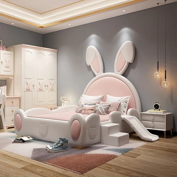 Индивидуальная детская кровать с кроликом принцесса для девочек с горкой из мультфильма простая кожаная кровать