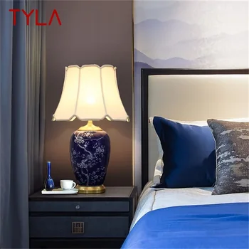 Керамические настольные лампы TYLA Blue из латуни, современный роскошный тканевый настольный светильник, домашний декор для гостиной, столовой, спальни