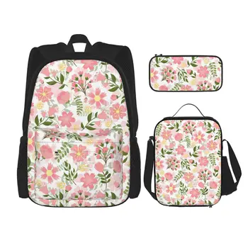 Классический школьный рюкзак с розовым цветочным рисунком, повседневный рюкзак, Офисная школьная сумка, пенал, сумка для ланча, комбинация