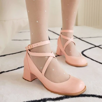 Кожаные туфли принцессы для девочек, модные туфли с перекрестными ремешками на толстом каблуке, детская обувь для выступлений на высоком каблуке 5 см