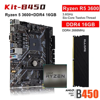 Комплект Kllisre B450 Материнская плата с процессором Ryzen 5 R5 3600 DDR4 16 ГБ 2666 МГц памяти B450M AM4 Set