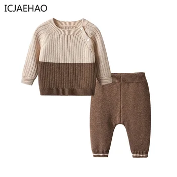 Комплект детской одежды, Свитера, Вязаный пуловер для новорожденных мальчиков, топ + Трикотажные брюки, 2 шт., детская повседневная Теплая трикотажная одежда из трикотажа