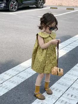 Корейская версия сарафана для летних девочек в ретро-горошек с западным кукольным воротником, без рукавов, свободное платье с пряжкой
