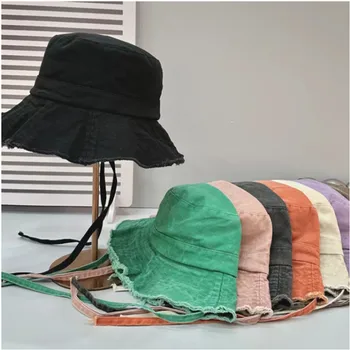 Корейская рыбацкая шляпа Детская Ins С выстиранным плюшевым краем, джинсовая ткань, универсальный солнцезащитный крем, закрывающий лицо, Маленький солнцезащитный козырек, Модная Крутая кепка-ведро