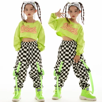 Костюмы для девочек, одежда для выступлений в стиле хип-хоп, 2023 Новые флуоресцентные зеленые топы, брюки-карго, Спортивный костюм для детских джазовых танцев