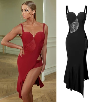 Красно-черное платье для латиноамериканских танцев с открытой талией, женское вечернее платье без рукавов, платье для соревнований по бальным танцам, одежда для сцены SL9024