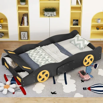 Кровать-платформа в форме гоночного автомобиля двойного размера с колесиками и местом для хранения,