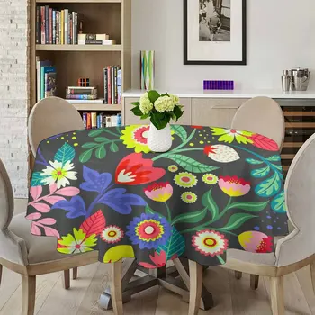Круглая скатерть, 60-дюймовое покрытие стола, Украшение столешницы, Водонепроницаемые скатерти для обеденного стола с цветочным рисунком
