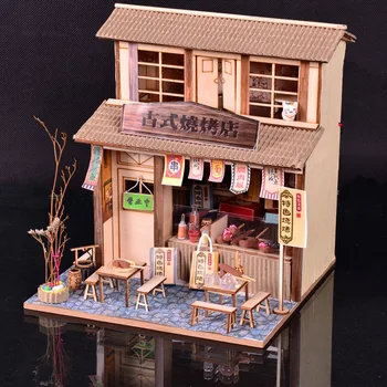 Кукольный домик своими руками Ресторан барбекю BBQ Penthouse Деревянное здание ручной работы, модель дома с мебелью, Миниатюрные кукольные домики, игрушки